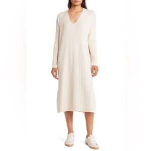 CASLON Long Sleeve Rib Sweater Dress In Beige Oatmeal L/XL